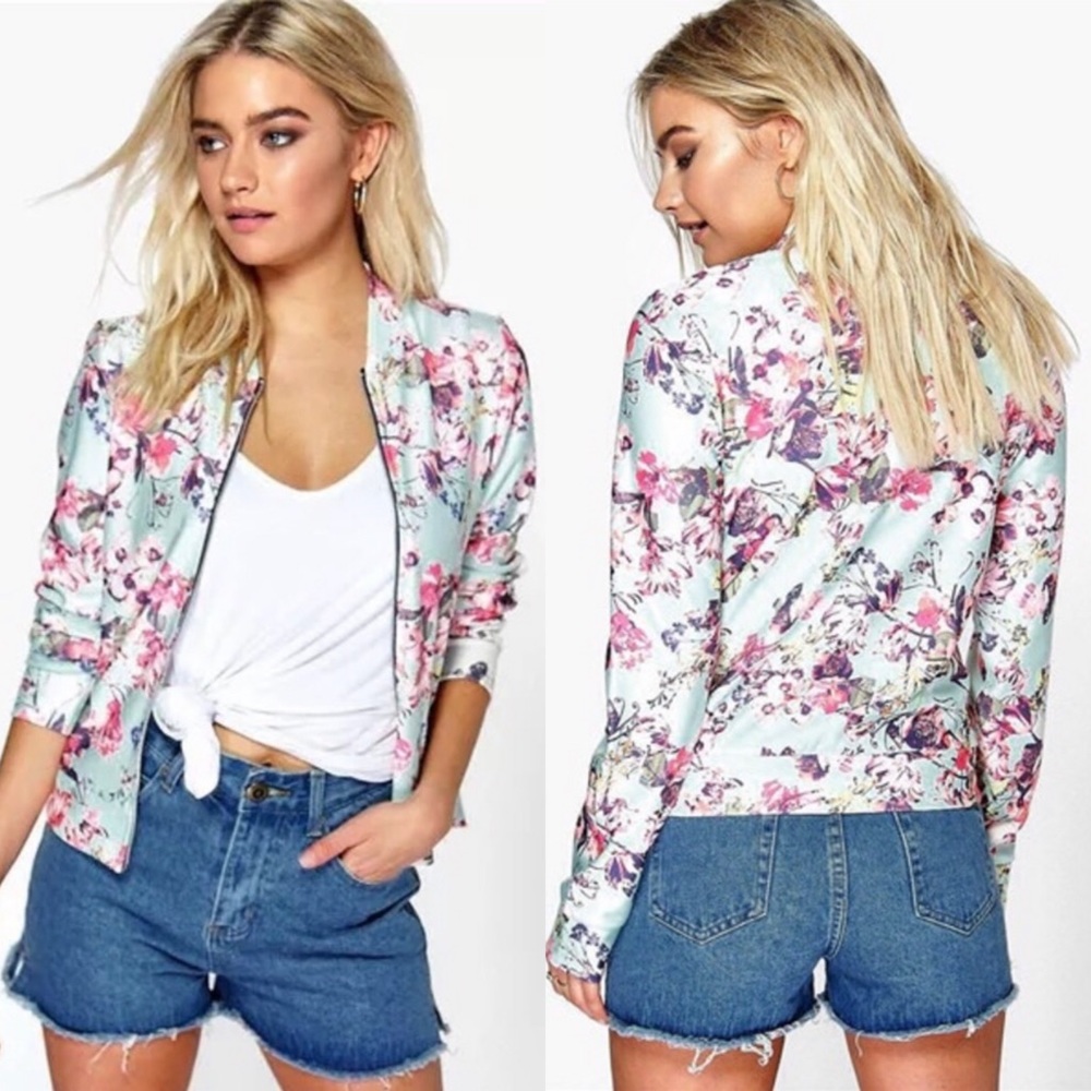 NEW Mint Green Floral Bomber Jacket